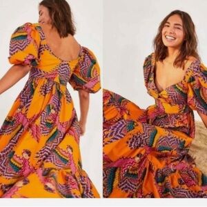 Farm Rio Women’s Yellow Multi-Print Puff-Sleeve Maxi Dress